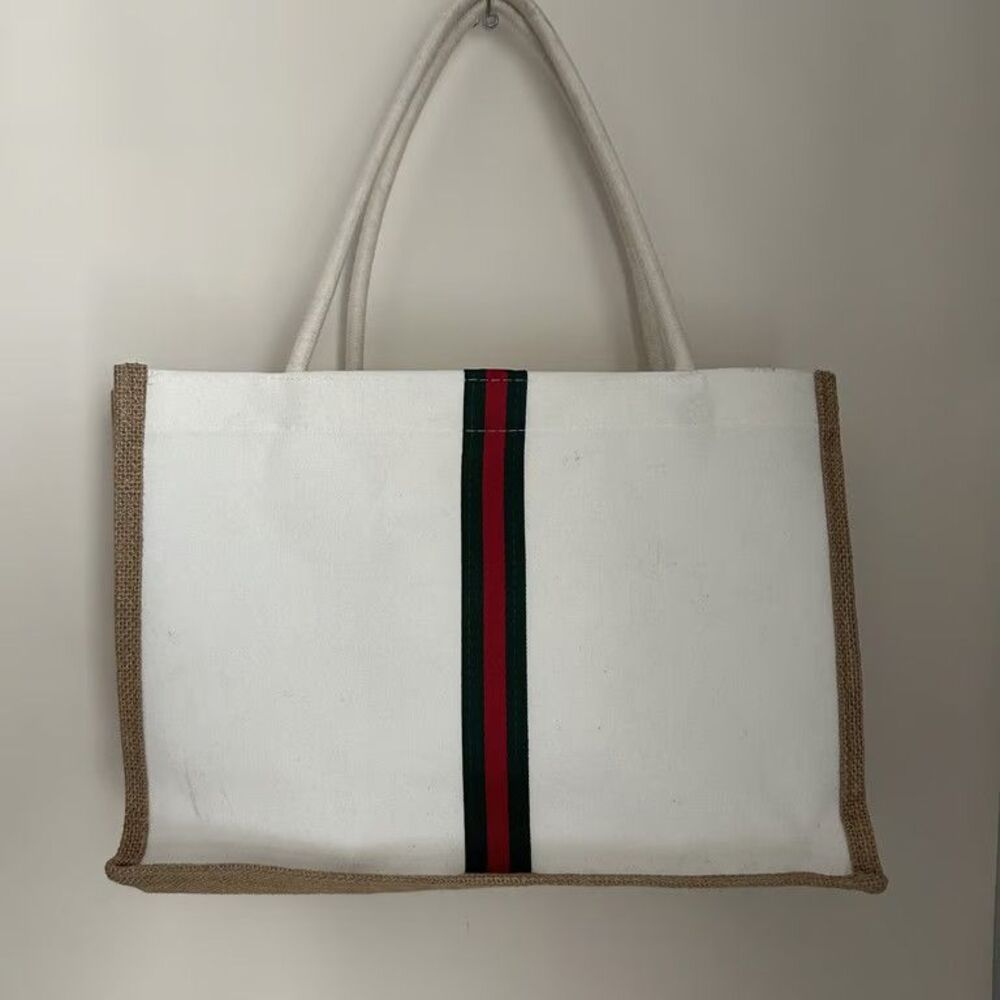 Jute Burlap Tote Bag Green Red Stripe Canvas Beach Shopper White,14.5",10.5", 7"